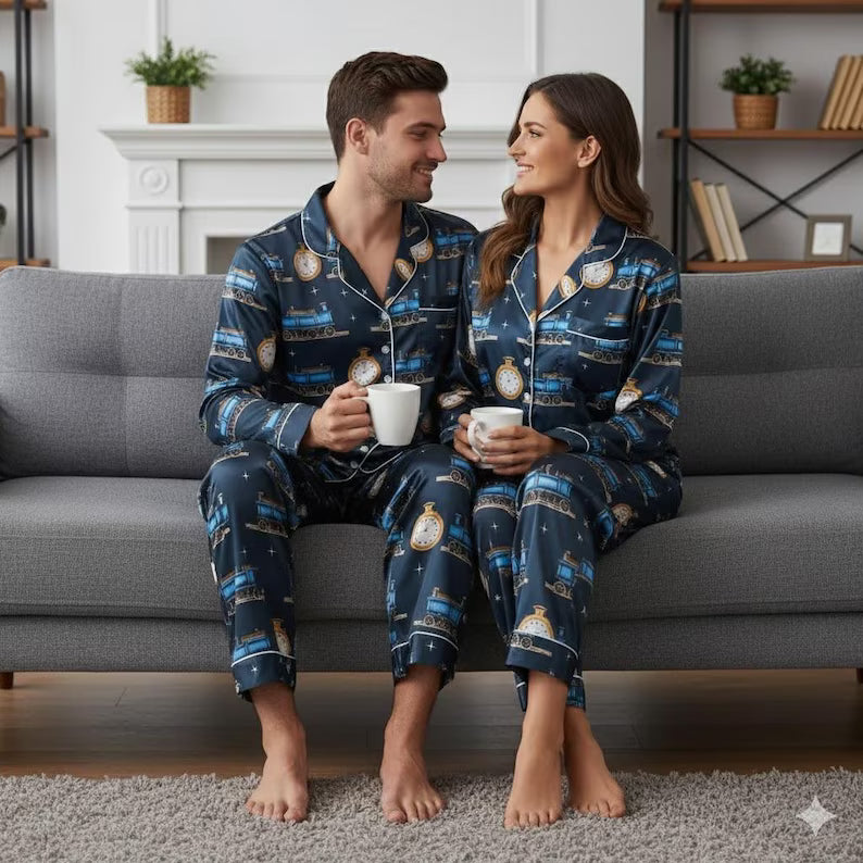 Po-lar Express Satin Pajamas Set, Christmas Pajamas, Christmas Family Matching Pajamas, Christmas Party Pajama, Believe Train Xmas Sleepwear