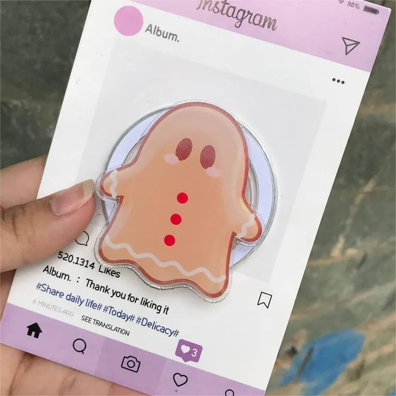 Cute Ghost Gingerbread MagSafe Phone Grip: Kawaii Christmas Gingerbread Man Magnetic Popgrip, Funny Phone or Kindle Accessories