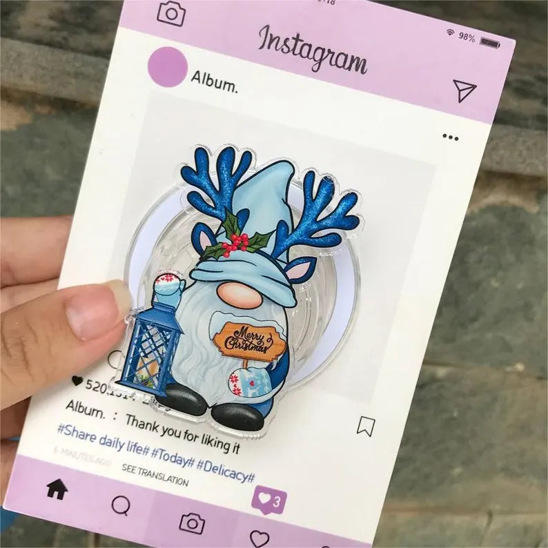 Christmas Gnome Coaster MagSafe Phone Grip: Blue Xmas Gnome Magnetic Phone Holder, Cute Accessory for Phone or Kindle Users