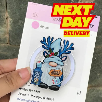 Christmas Gnome Coaster MagSafe Phone Grip: Blue Xmas Gnome Magnetic Phone Holder, Cute Accessory for Phone or Kindle Users