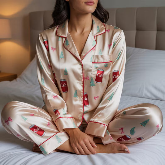 Coquette Bows Diet Coke Christmas Tree Satin Pajamas Set, Coquette Diet Drink Pajamas, Xmas Family Matching Pjs, Festive Christmas Pajamas