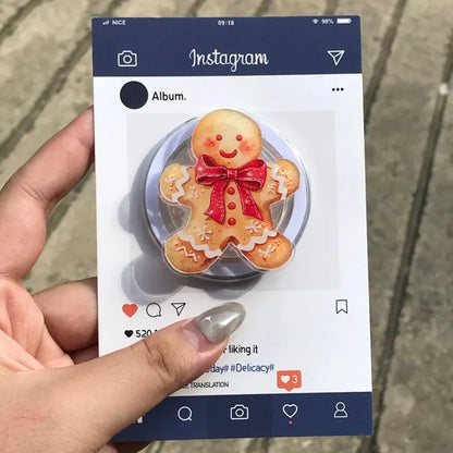 Gingerbread Man Magnetic Phone Grip: Festive Holiday Kindle Stand with Red Bow, Cute Christmas Phone Holder, Perfect Xmas Gift for Friends