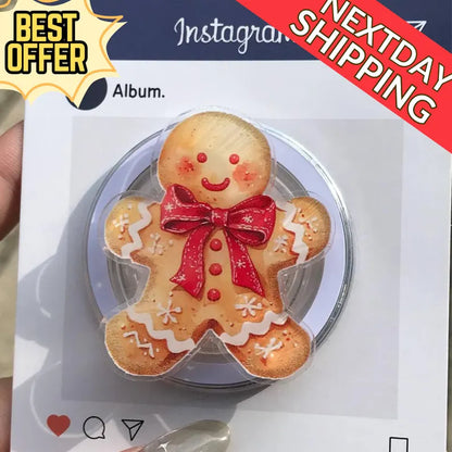 Gingerbread Man Magnetic Phone Grip: Festive Holiday Kindle Stand with Red Bow, Cute Christmas Phone Holder, Perfect Xmas Gift for Friends