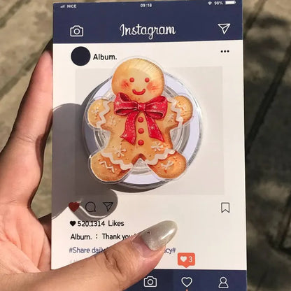 Gingerbread Man Magnetic Phone Grip: Festive Holiday Kindle Stand with Red Bow, Cute Christmas Phone Holder, Perfect Xmas Gift for Friends