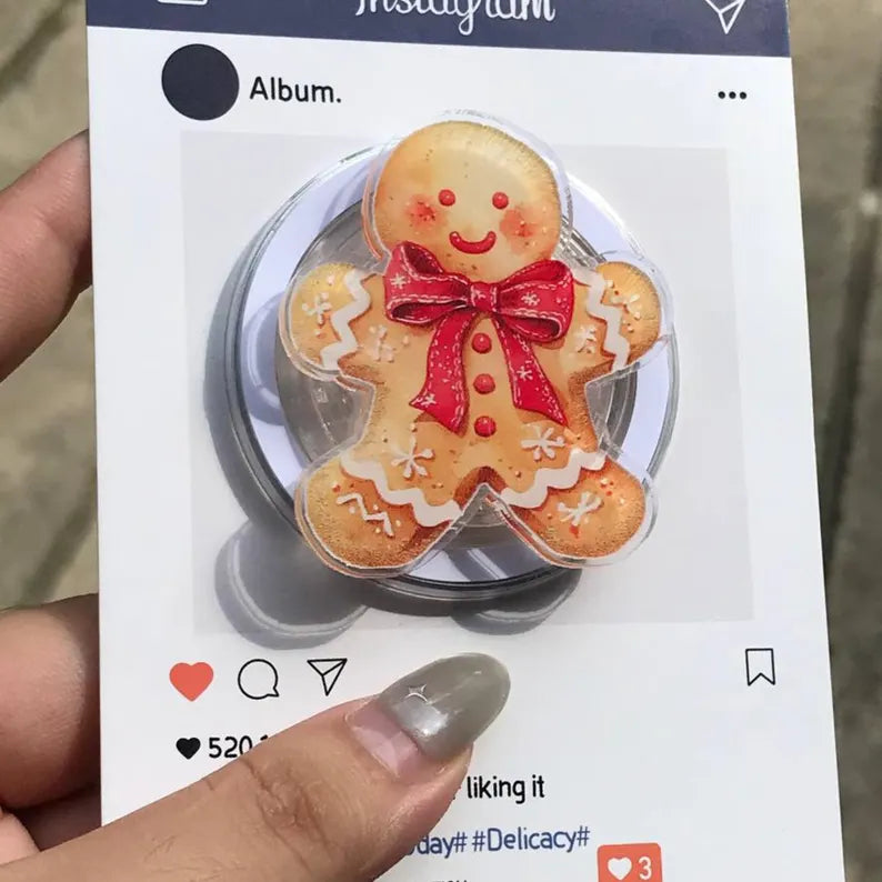 Gingerbread Man Magnetic Phone Grip: Festive Holiday Kindle Stand with Red Bow, Cute Christmas Phone Holder, Perfect Xmas Gift for Friends