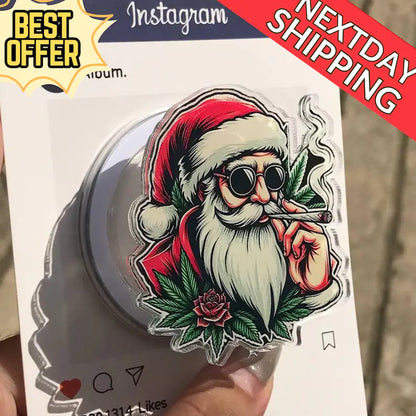 Cool Santa Smoking Magnetic Phone Grip: Festive Holiday Holder with Sunglasses and Rose, Unique Xmas Gift for Teens & Friends