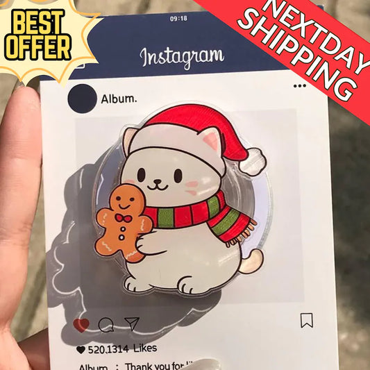 Cute Christmas Cat Magnetic Phone Grip: Festive Holiday Phone Stand with Gingerbread, Kawaii Xmas Phone Holder, Unique Gift for Friends