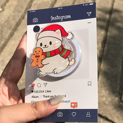 Cute Christmas Cat Magnetic Phone Grip: Festive Holiday Phone Stand with Gingerbread, Kawaii Xmas Phone Holder, Unique Gift for Friends