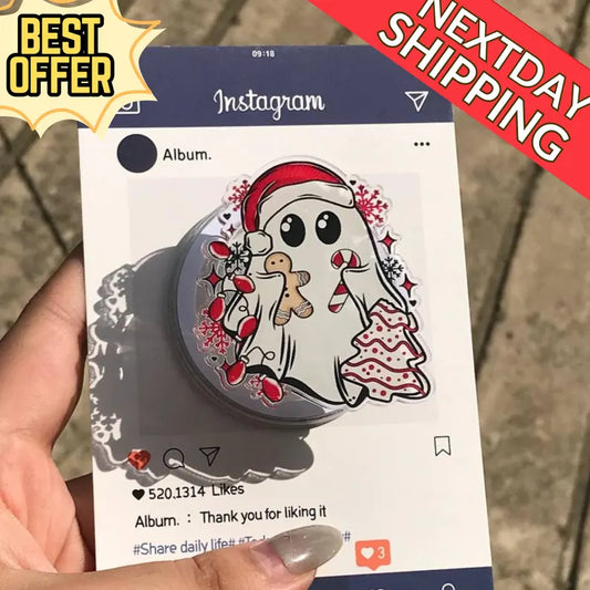 Ghost with Candy Cane Magnetic Phone Grip: Cute Christmas Popgrip with Gingerbread & Holiday Vibe, Festive Phone Holder, Perfect Xmas Gift