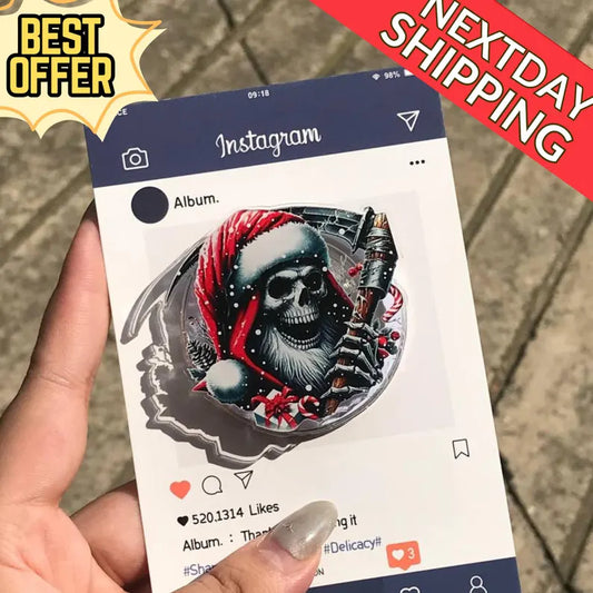 Skeleton Santa Magnetic Phone Grip: Festive Christmas Magnetic Grip with Skull, Santa Hat, and Candy Cane, Unique Holiday Phone Holder