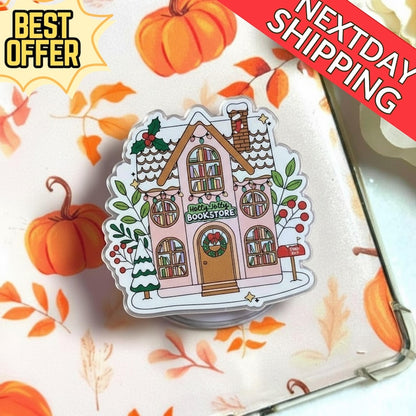Bookstore Christmas Sticker Magnetic Phone Grip: Cute Holiday Snowy House Design, Festive Magsafe Phone Decor, Perfect Gift for Book Lovers