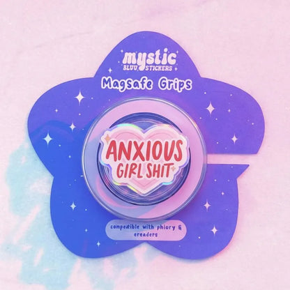 Anxious Girlshit Magnetic Phone Grip: Fun Heart-Shaped Popgrip, Cute and Bold Phone Accessory, Gift for Girls Who Are Always Anxious