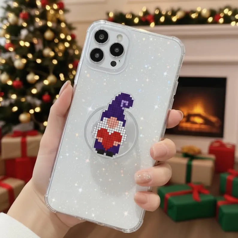 Pixelated Gnome Magnetic Phone Grip, Magsafe Phone Stand – Cute Pixel Art Gnome with Purple Hat, Holiday Phone Accessory for Christmas Lover