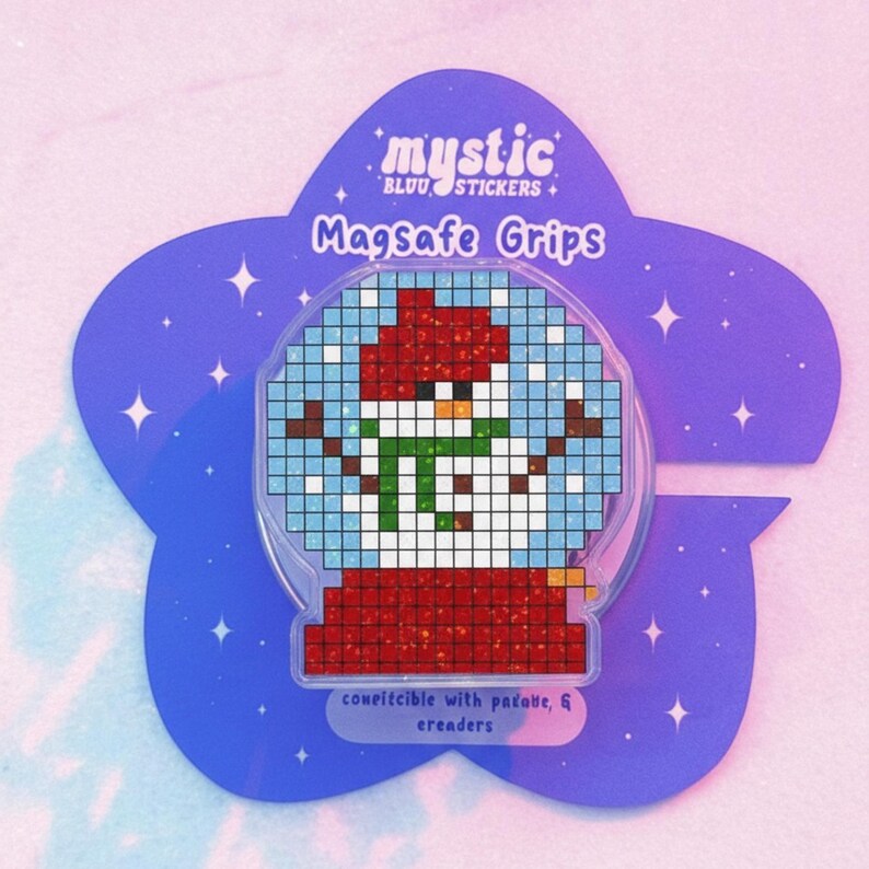 Pixelated Snowman Snow Globe Magnetic Phone Grip, Magsafe Phone Holder – Fun Christmas Snow Globe with Snowman and Hat, Holiday Accessory
