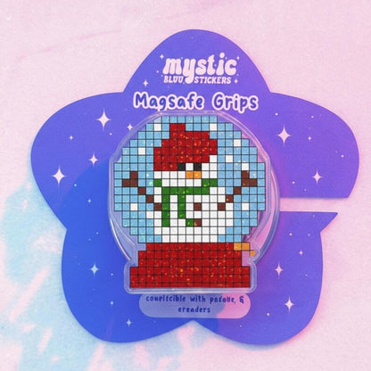 Pixelated Snowman Snow Globe Magnetic Phone Grip, Magsafe Phone Holder – Fun Christmas Snow Globe with Snowman and Hat, Holiday Accessory
