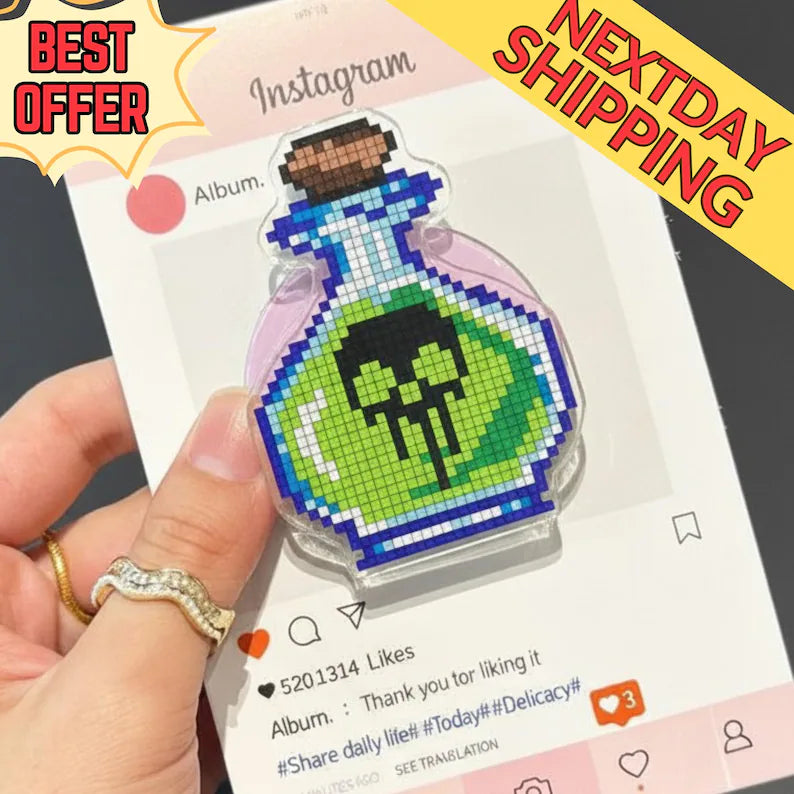 Pixelated Potion Bottle Magnetic Phone Grip, Magsafe Griptok– Fun Toxic Green Potion with Skull, Halloween Phone Accessory