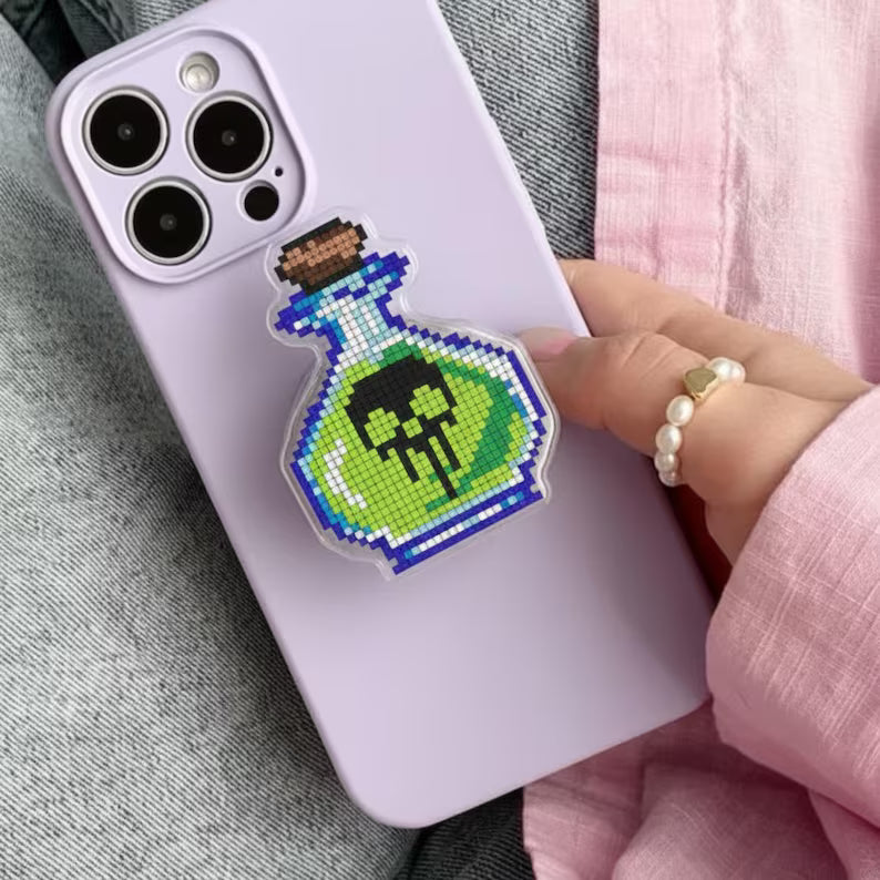 Pixelated Potion Bottle Magnetic Phone Grip, Magsafe Griptok– Fun Toxic Green Potion with Skull, Halloween Phone Accessory