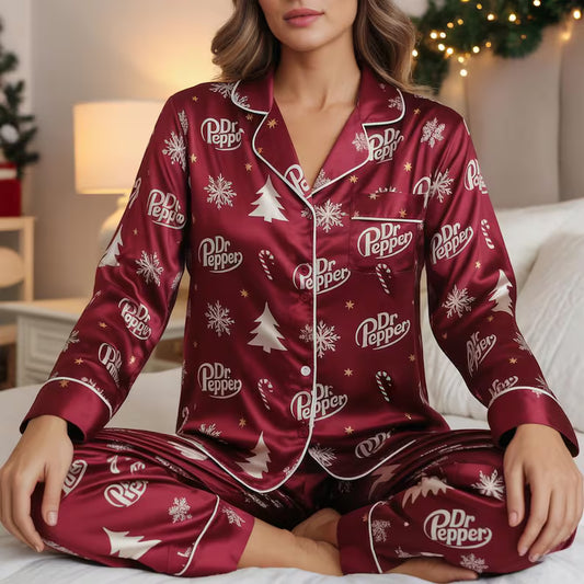 Retro Dr Pepper Christmas Satin Pajamas Set, Est. 1885 Soda Pajamas, Diet Drink Lovers Gift, Family Matching Xmas Pajamas, Christmas Pajamas