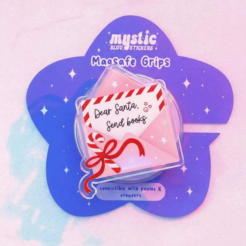 Dear Santa Send Books Magnetic Phone Grip, Magsafe Bookish Grip – Cute Pink Christmas Letter Phone Holder, Book Lover Holiday Accessory