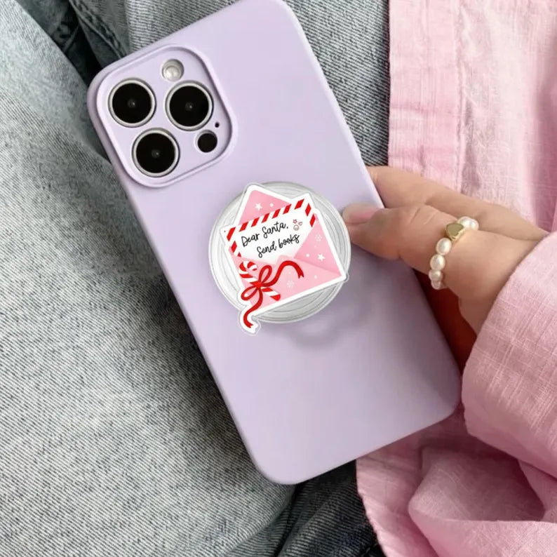 Dear Santa Send Books Magnetic Phone Grip, Magsafe Bookish Grip – Cute Pink Christmas Letter Phone Holder, Book Lover Holiday Accessory