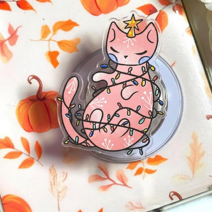 Pink Christmas Cat Magnetic Phone Grip, Cute Cat Kindle Grip, MagSafe Phone Holder, Kawaii Holiday Accessory, Gift for Cat Lover, Xmas Grip