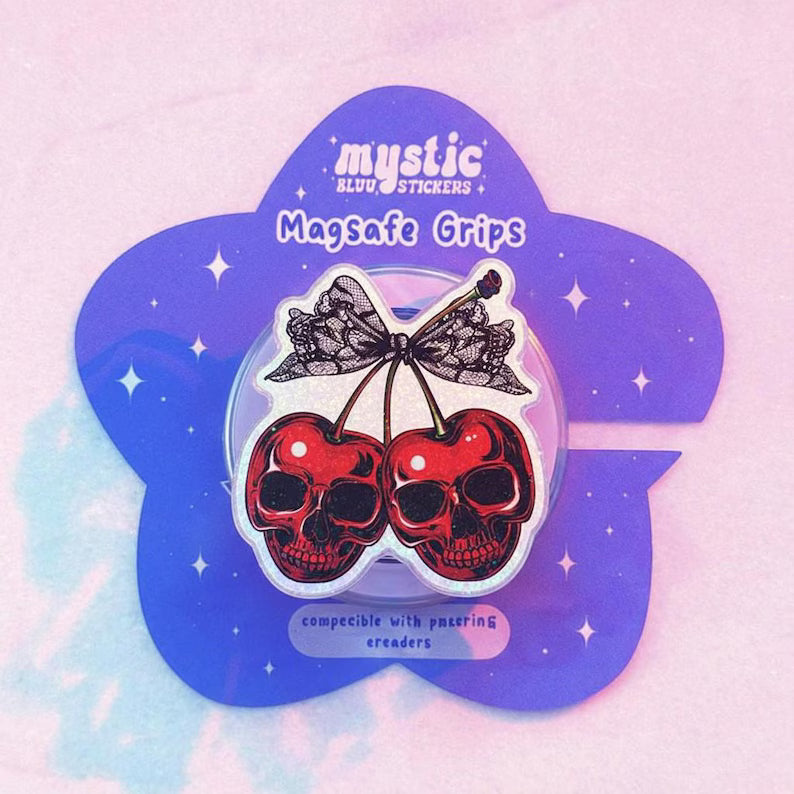 Cherry Skull Magnetic Phone Grip–Gothic Aesthetic, Cherry Skull Design, Amazing Phone Holder, Dark Fantasy Phone Accessory, Lace Bow Detail