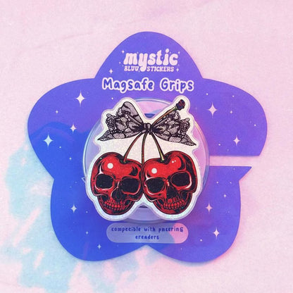 Cherry Skull Magnetic Phone Grip–Gothic Aesthetic, Cherry Skull Design, Amazing Phone Holder, Dark Fantasy Phone Accessory, Lace Bow Detail