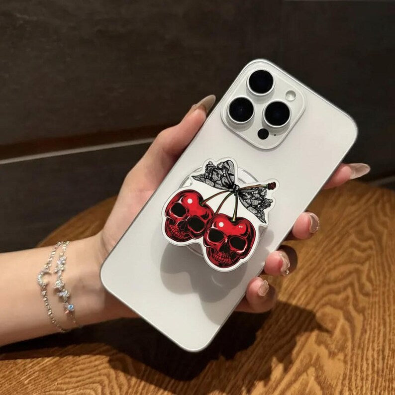 Cherry Skull Magnetic Phone Grip–Gothic Aesthetic, Cherry Skull Design, Amazing Phone Holder, Dark Fantasy Phone Accessory, Lace Bow Detail