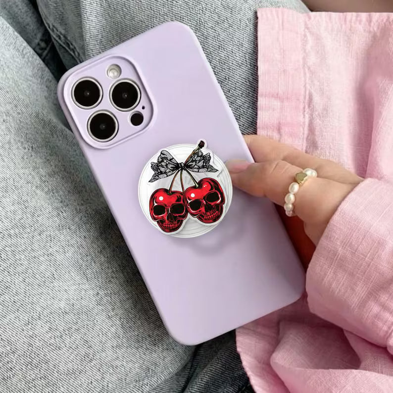 Cherry Skull Magnetic Phone Grip–Gothic Aesthetic, Cherry Skull Design, Amazing Phone Holder, Dark Fantasy Phone Accessory, Lace Bow Detail
