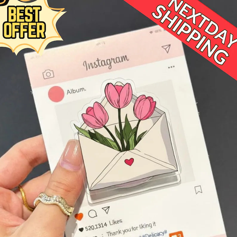 Tulip Flower Magnetic Phone Grip – Cute Envelope Design with Pink Tulips, Floral Magsafe Phone Holder, Aesthetic Phone Accessory