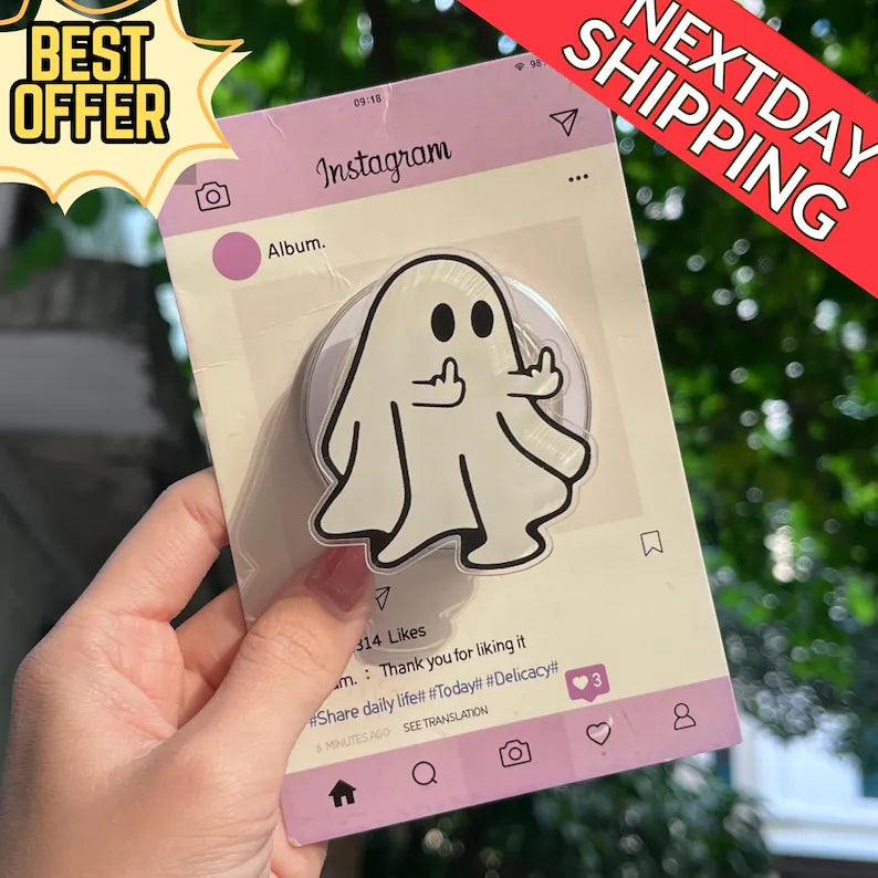 Ghost Magnetic Phone Grip: Funny Ghost-Inspired Phone Grip, Cute Ghost with Middle Finger Design, Spooky Gift for Friends, Trendy Holder