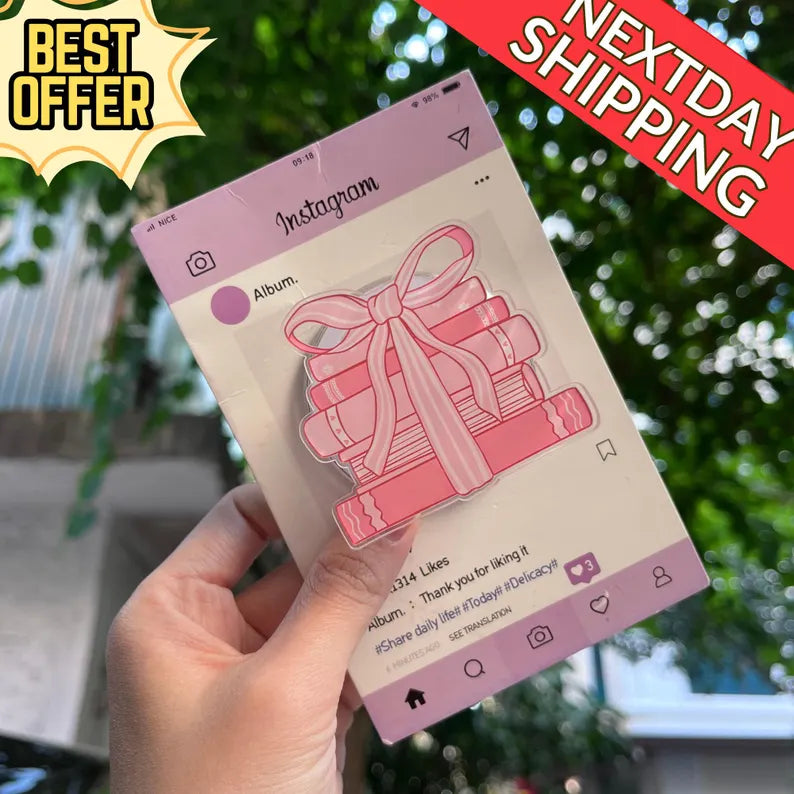 Gift Box Magnetic Phone Grip: Pink Ribbon Gift Stack Popsocket, Cute Book-Inspired Phone Holder, Perfect Gift for Book Lovers & Friends
