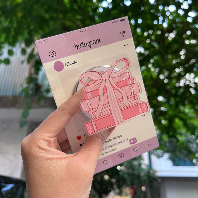 Gift Box Magnetic Phone Grip: Pink Ribbon Gift Stack Popsocket, Cute Book-Inspired Phone Holder, Perfect Gift for Book Lovers & Friends