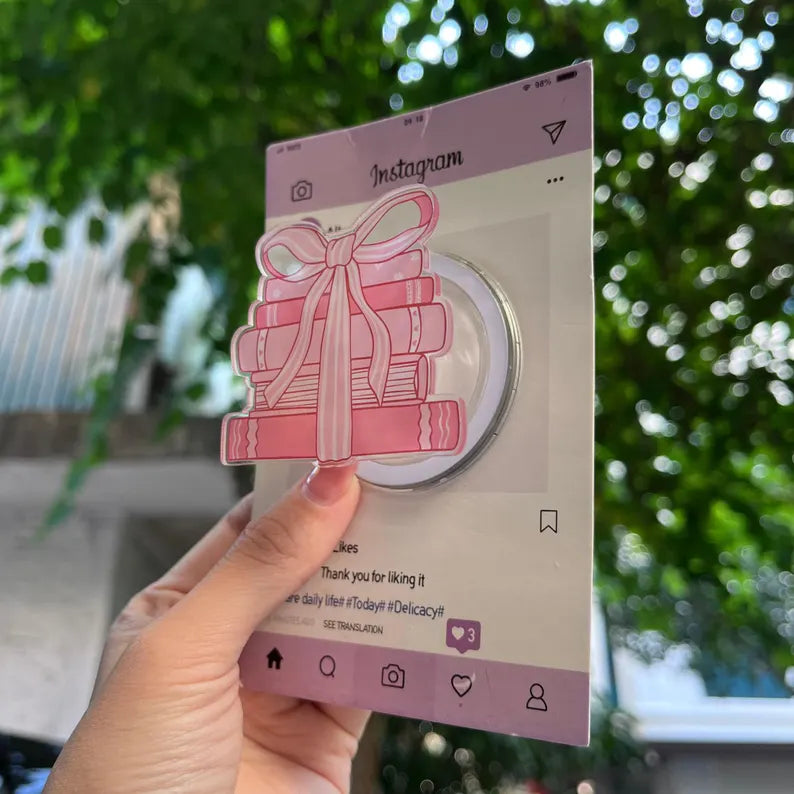 Gift Box Magnetic Phone Grip: Pink Ribbon Gift Stack Popsocket, Cute Book-Inspired Phone Holder, Perfect Gift for Book Lovers & Friends