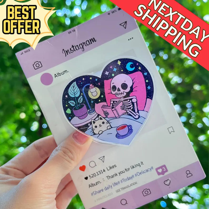 Skeleton & Cat Magnetic Phone Stand: Cute Heart-Shaped Phone Grip, Nighttime Skeleton Reading with Cat, Kawaii Magsafe Phone Holder