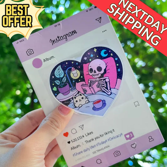 Skeleton & Cat Magnetic Phone Stand: Cute Heart-Shaped Phone Grip, Nighttime Skeleton Reading with Cat, Kawaii Magsafe Phone Holder
