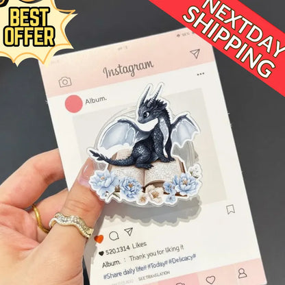 Fantasy Dragon Magnetic Phone Grip: Cute Dragon on Book Phone Stand, Kawaii Magsafe Phone Holder, Perfect Gift for Book Lover, Fantasy Fan