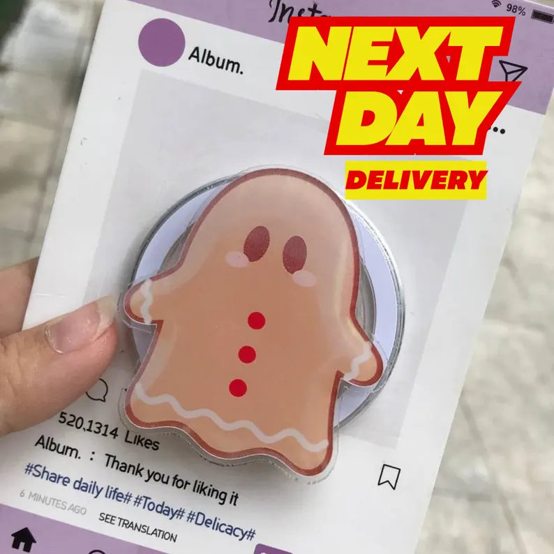 Cute Ghost Gingerbread MagSafe Phone Grip: Kawaii Christmas Gingerbread Man Magnetic Popgrip, Funny Phone or Kindle Accessories