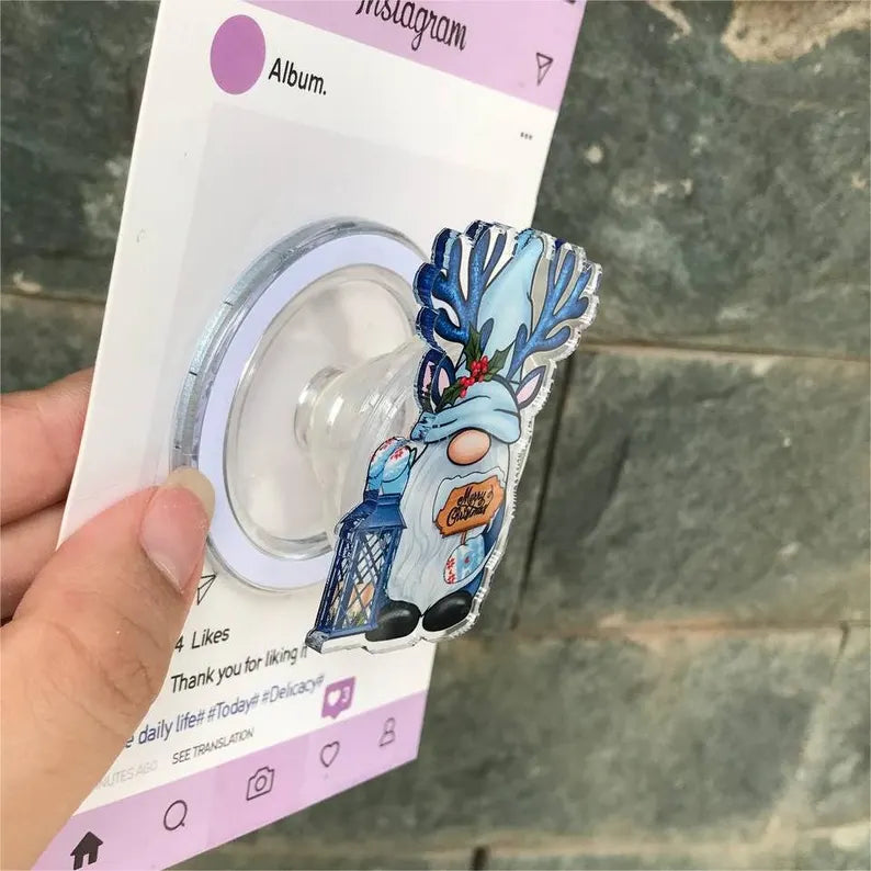 Christmas Gnome Coaster MagSafe Phone Grip: Blue Xmas Gnome Magnetic Phone Holder, Cute Accessory for Phone or Kindle Users