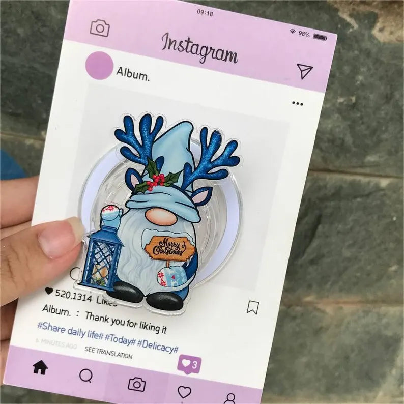 Christmas Gnome Coaster MagSafe Phone Grip: Blue Xmas Gnome Magnetic Phone Holder, Cute Accessory for Phone or Kindle Users