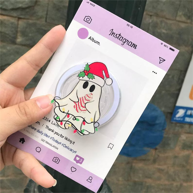 Santa Ghost with Light MagSafe Phone Grip, Cute Holiday Popgrip for Phone or Kindle Users, Ideal Winter Gifts, Ghost with Santa Hat Grip