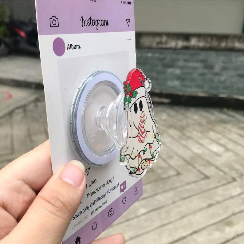 Santa Ghost with Light MagSafe Phone Grip, Cute Holiday Popgrip for Phone or Kindle Users, Ideal Winter Gifts, Ghost with Santa Hat Grip