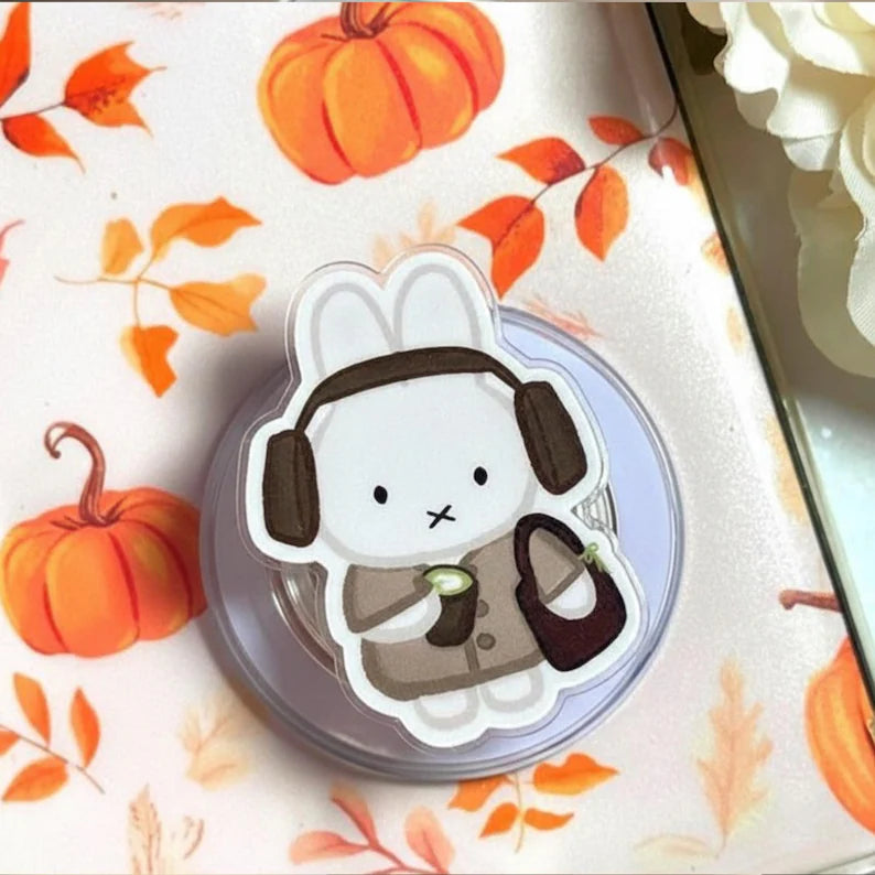 Cute Winter Bunny Magnetic Phone Grip: Kawaii Latte Rabbit Griptok, Cozy Aesthetic Phone Holder, Gift for Bunny Lovers & Fall Fans