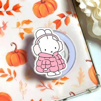Cute Pink Puffer Bunny Magnetic Phone Grip: Kawaii Winter Rabbit Griptok, Cozy Aesthetic Phone Holder, Gift for Bunny Lovers