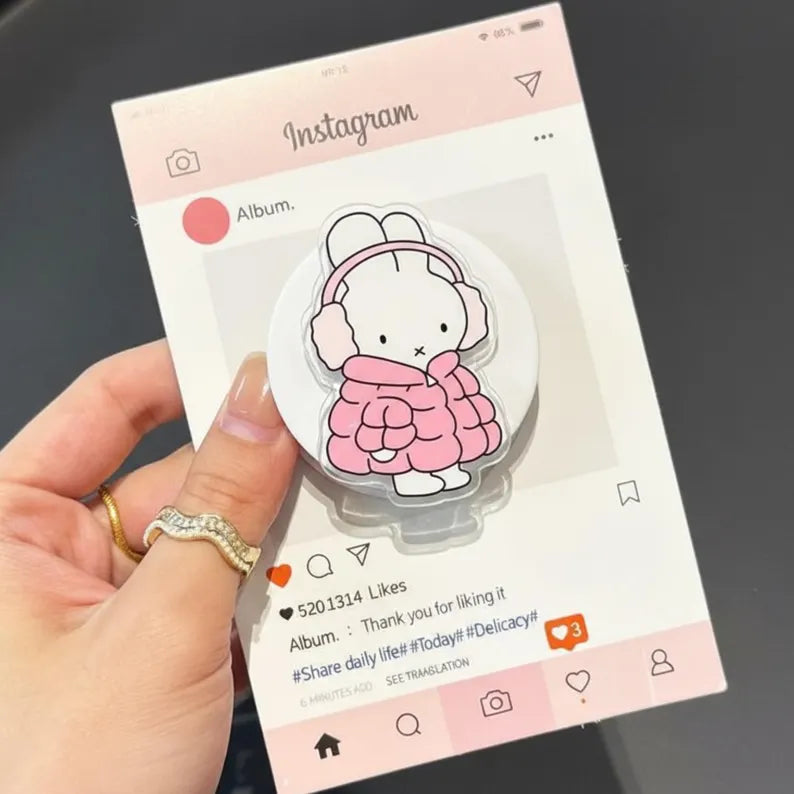 Cute Pink Puffer Bunny Magnetic Phone Grip: Kawaii Winter Rabbit Griptok, Cozy Aesthetic Phone Holder, Gift for Bunny Lovers