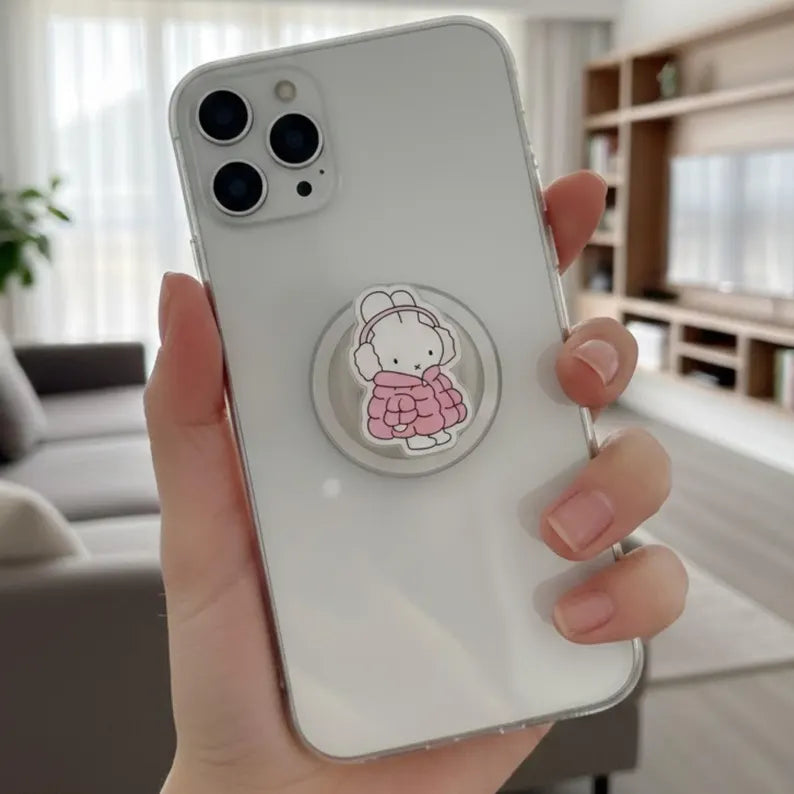 Cute Pink Puffer Bunny Magnetic Phone Grip: Kawaii Winter Rabbit Griptok, Cozy Aesthetic Phone Holder, Gift for Bunny Lovers