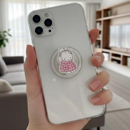 Cute Pink Puffer Bunny Magnetic Phone Grip: Kawaii Winter Rabbit Griptok, Cozy Aesthetic Phone Holder, Gift for Bunny Lovers