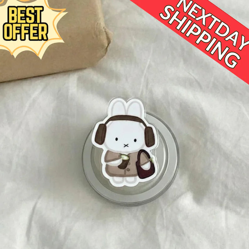 Cute Winter Bunny Magnetic Phone Grip: Kawaii Latte Rabbit Griptok, Cozy Aesthetic Phone Holder, Gift for Bunny Lovers & Fall Fans