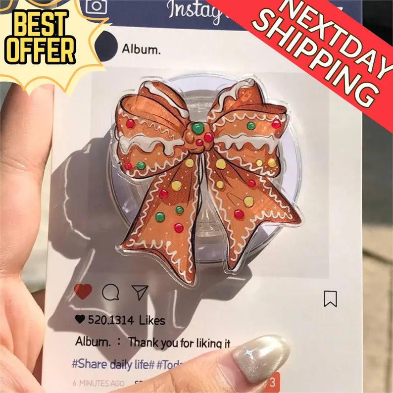 Gingerbread Bow MagSafe Phone Grip: Festive Holiday Phone Holder with Candy Accents, Cute Xmas Magnetic Phone Holder, Gift for Friend