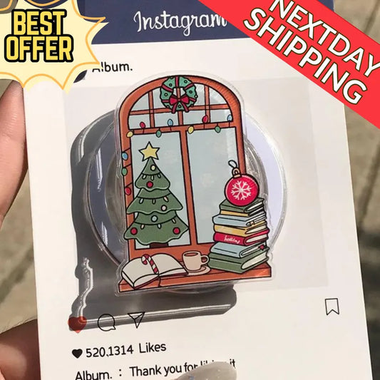 Christmas Window Scene Magnetic Phone Grip: Festive Holiday Phone Holder with Christmas Tree & Decorations, Cute Xmas Phone Holder